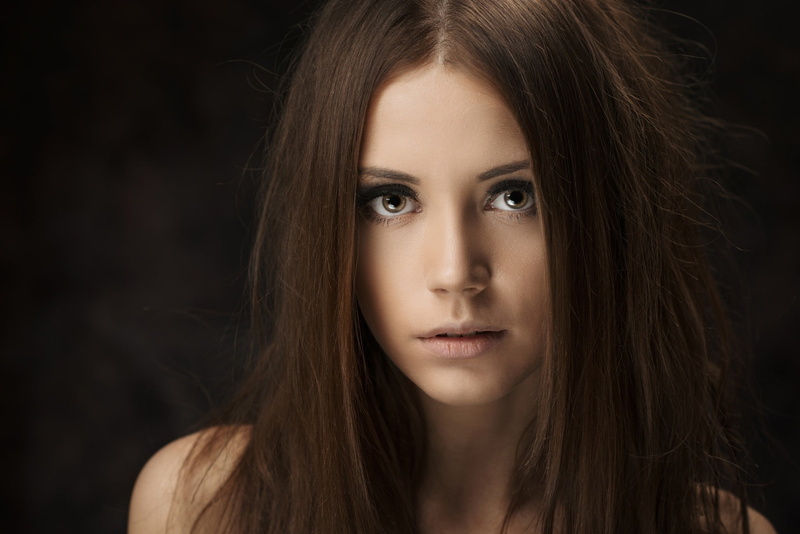 young adult, teenager, studio shot, front view, close-up, 1080P, human hair, model, hair, Ksenia Kokoreva, one person, black background, contemplation