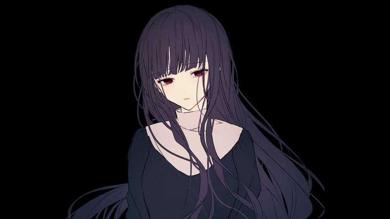 minimalism, anime, black background, purple hair, 1080P, red eyes, anime girls, bangs, manga, long hair, gloomy, simple background