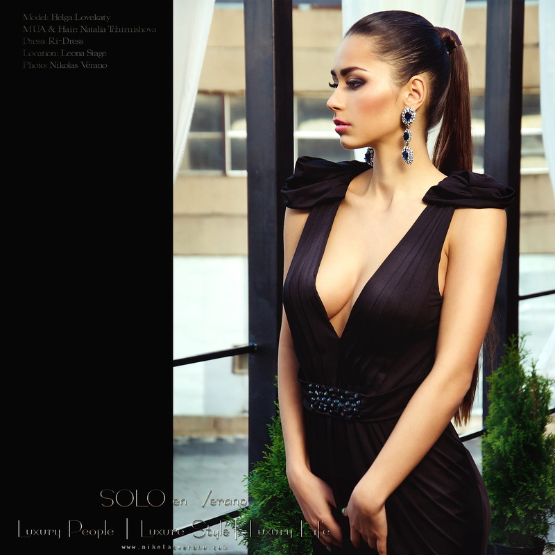 cleavage, brunette, women, black clothing, earring, fashion, ponytail, Nikolas Verano, Helga Lovekaty, makeup, lipstick, eyeshadow, 1080P, long hair, dress