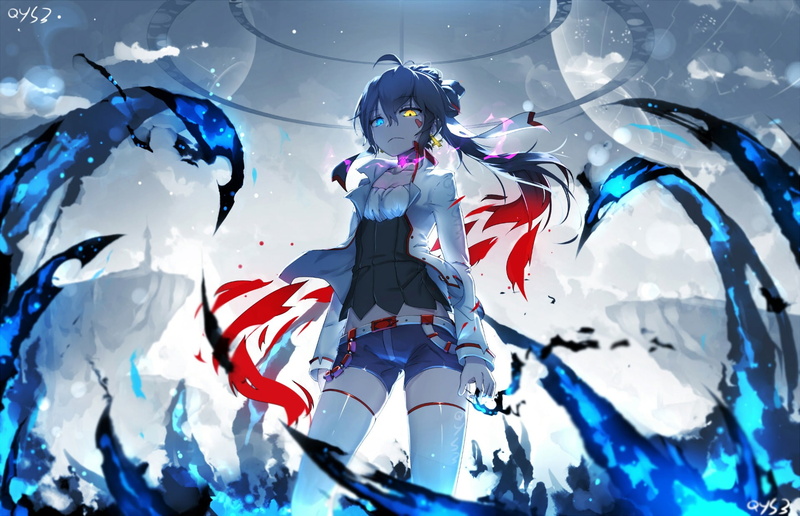 standing, obscured face, character, low angle view, female, young adult, magic, shorts, front view, choker, fantasy art, heterochromia, leisure activity