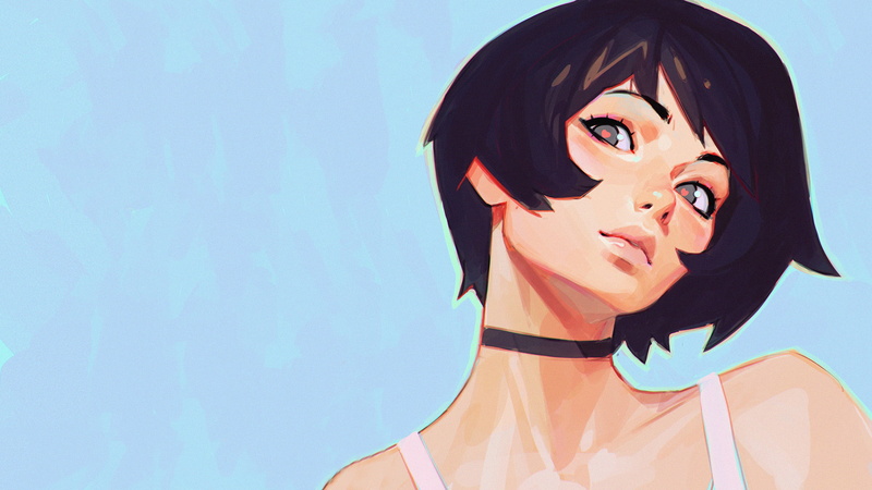 simple background, 2K, choker, women, Head tilt, black hair, Ilya Kuvshinov, digital art, short hair