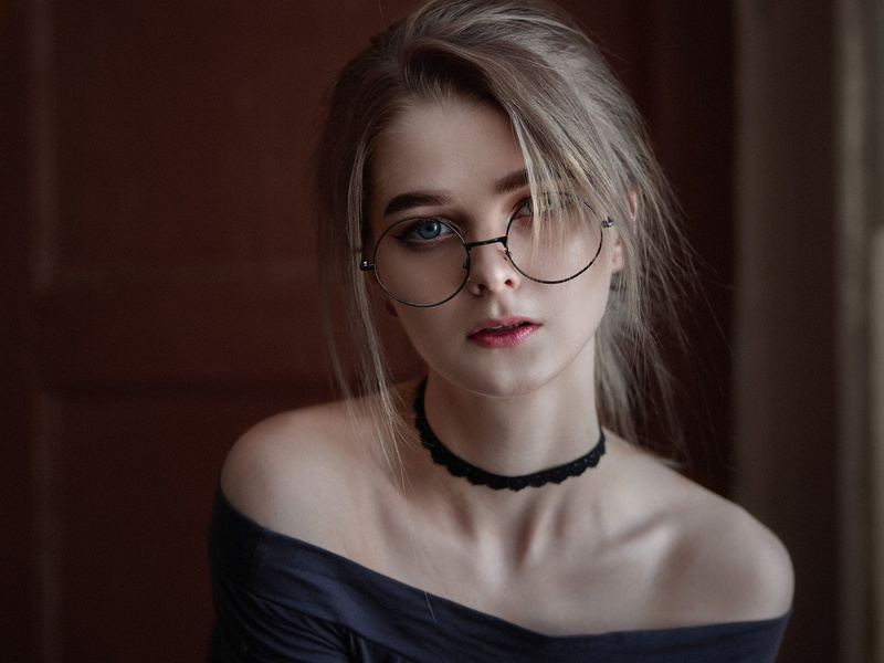 blonde, blue eyes, human face, bare shoulders, glasses, young adult, looking at camera, women with glasses, face, serious, one person, eyeliner, close-up