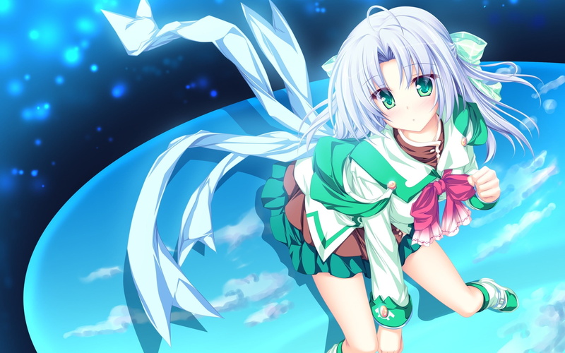 white hair, hair ornament, blue background, one person, visual novel, lifestyles, portrait, school uniform, anime girls, beautiful woman, front view, anime