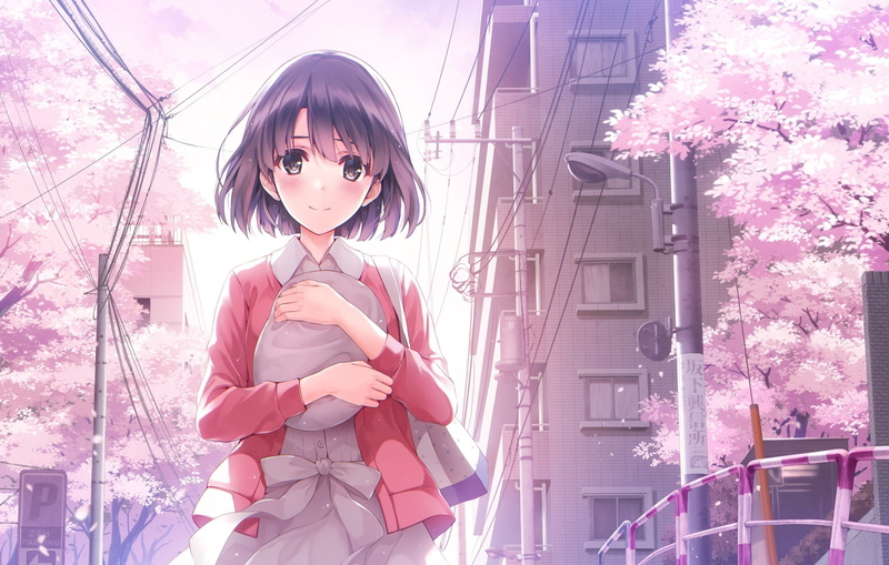 anime girls, Saenai Heroine no Sodatekata, spring, gray eyes, 1080P, anime, Katou Megumi, smiling, cherry blossom, short hair