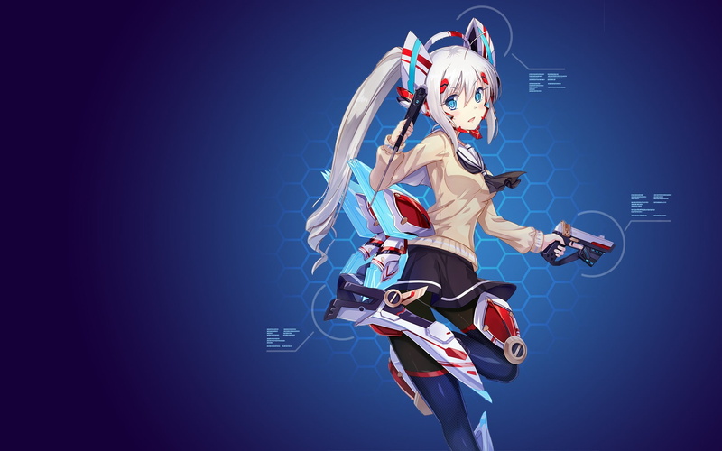 long hair, blue eyes, 1080P, weapon, armor, gun, anime girls, anime, mecha girls, sweater, skirt, gray hair