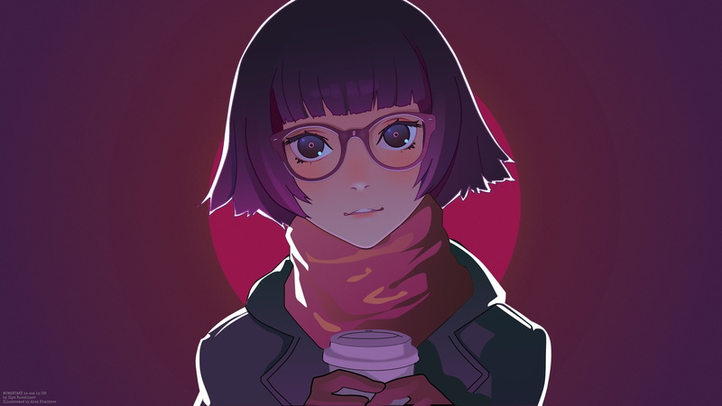 2K, smiling, red, women, warm colors, anime, minimalism, short hair, illustration, scarf, women with glasses, Ilya Kuvshinov, warm, drawing, glasses