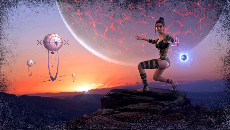 2K, balloon, partly cloudy, sunset, mystical, woman, rock, planet, mysterious, adult, young women, one person, atmosphere, fly, fight, float, women, young adult