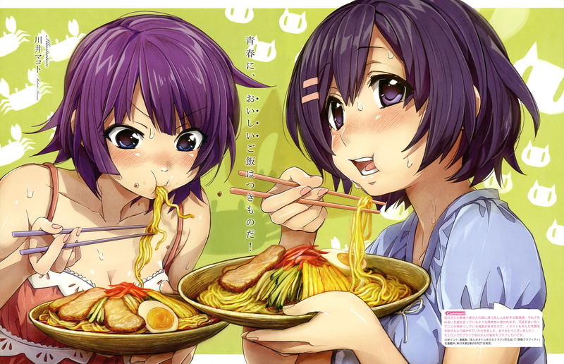 front view, representation, Hanekawa Tsubasa, females, child, eating, anime girls eating, innocence, indoors, food and drink, headshot, real people, noodles
