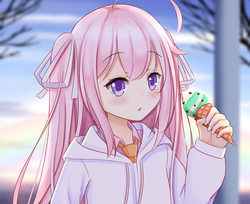 Anime, Twintails, Eating, Ice Cream, Original, Pink Hair, 1080P, Purple Eyes, Long Hair, Girl