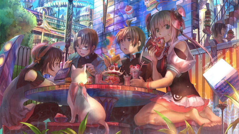 representation, leisure activity, people, child, food and drink, childhood, illuminated, togetherness, outdoors, anime, day, women, girls, eating, anime girls