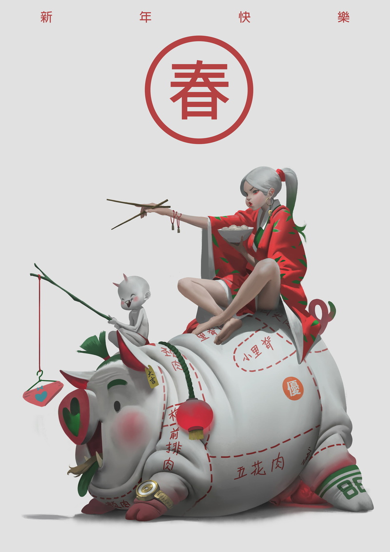 fantasy art, kimono, painting, digital art, sitting, artwork, demon, legs crossed, 2K, 2D, anime girls, eating, gray background, white hair, anime girls eating