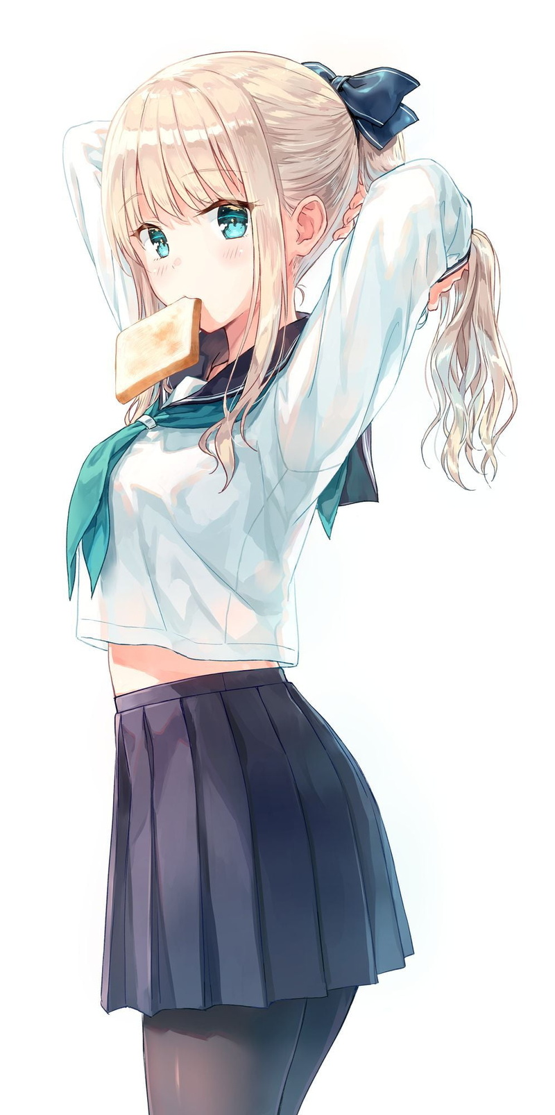 arms up, skirt, school uniform, 1080P, simple background, blonde, anime girls eating, tie, ponytail, long hair, anime girls, vertical, blue eyes, anime