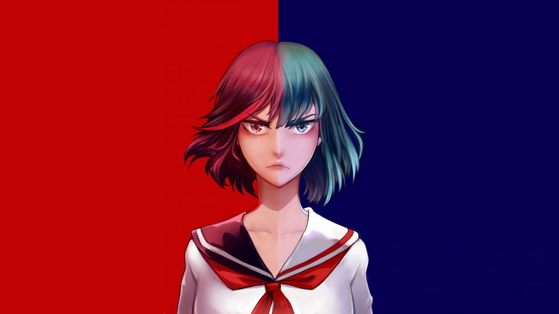 glamour, young adult, indoors, adult, front view, red, one person, beautiful woman, women, hair, fashion, hairstyle, Kill la Kill, black background, Kiryuin Satsuki