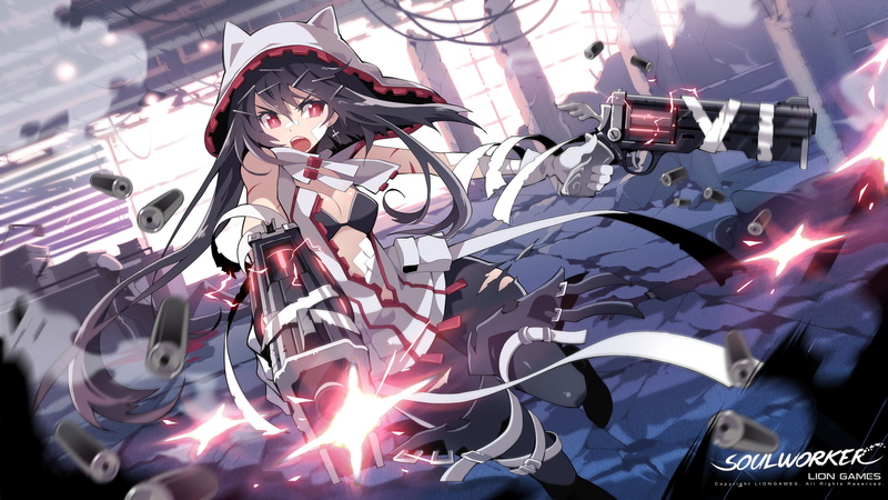 ruins, catgirl, weapon, gun, red, city, long, white, worker, hair, eyes, soul, 4K