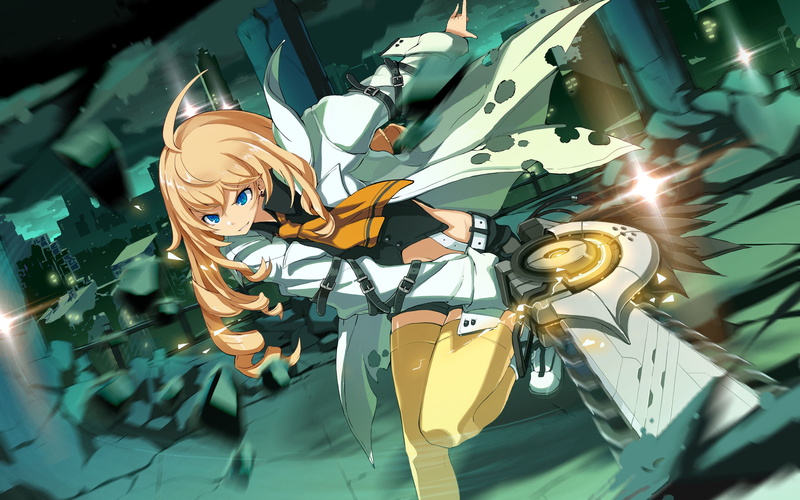 shorts, belt, coats, Soul Worker, 4K, ahoge, sword, long hair, anime girls, ruins, weapon, thigh-highs, city, blonde