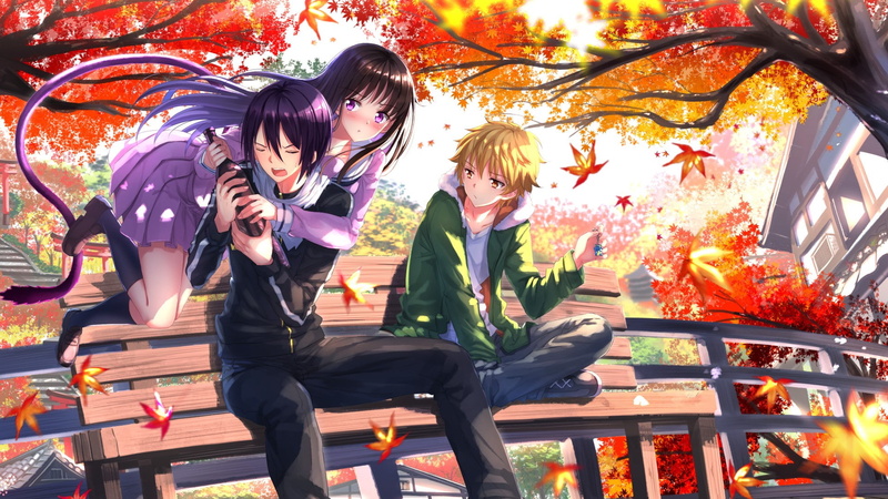 leaves, real people, tree, front view, nature, young adult, change, autumn, two people, plant part, plant, casual clothing, men, 1080P, anime anime girls anime boys swordsouls short hair fall noragami iki hiyori yato noragami yukine noragami black hair blonde leaves long hair school uniform tail