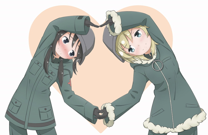 Heart, Shoujo Shuumatsu Ryokou, females, Yuuri (Girls Last Tour), young adult, males, white background, people, cut out, young men, studio shot, two people