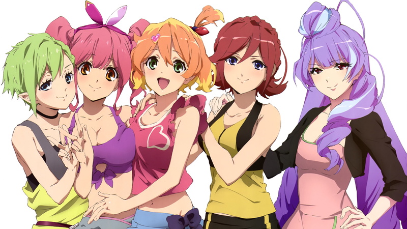 purple, red, cartoon, Five, Macross, female, green, orange, character, Anime, 4K, hair, Girls