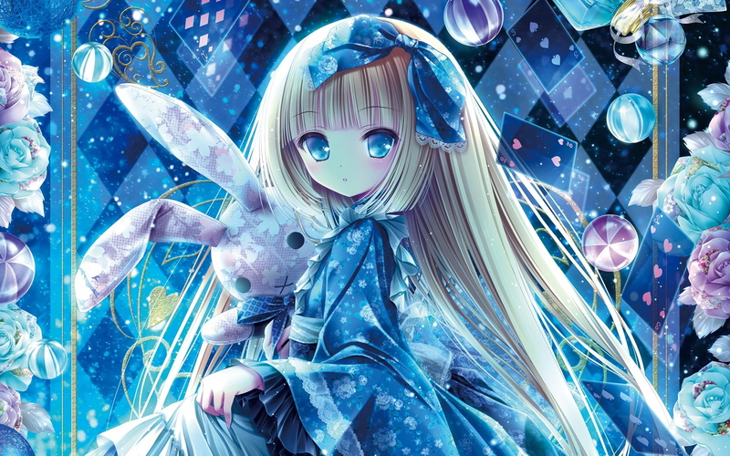 creativity, event, ribbon, teddy bear, blue, kimono, disguise, full frame, 1080P, blonde, Anime, christmas, anime girl, decoration, human representation