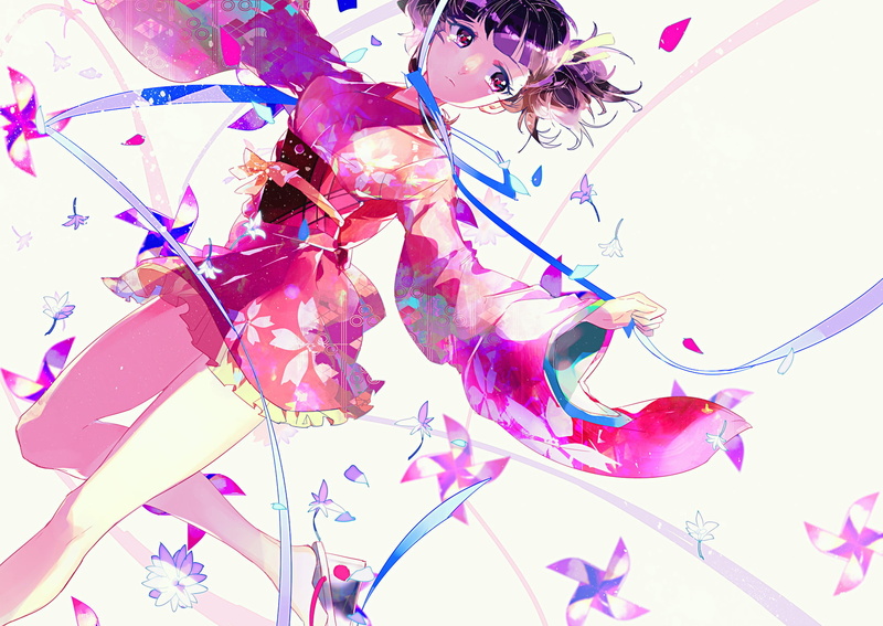 Girl, streamer, Purple Eyes, bow (Clothing), freshness, Anime, pink color, directly below, decoration, studio shot, Japanese Clothes, plant, low angle view