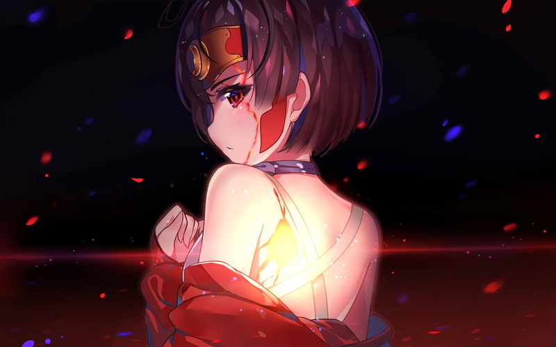 beautiful woman, one person, portrait, rear view, clothing, young adult, hair, dress, illuminated, Kabaneri of the Iron Fortress, adult, black background