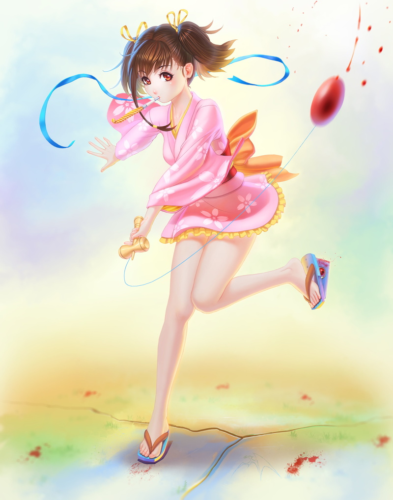 anime girls, heels, short hair, red eyes, anime, Koutetsujou no Kabaneri, yukata, legs, Mumei, 4K