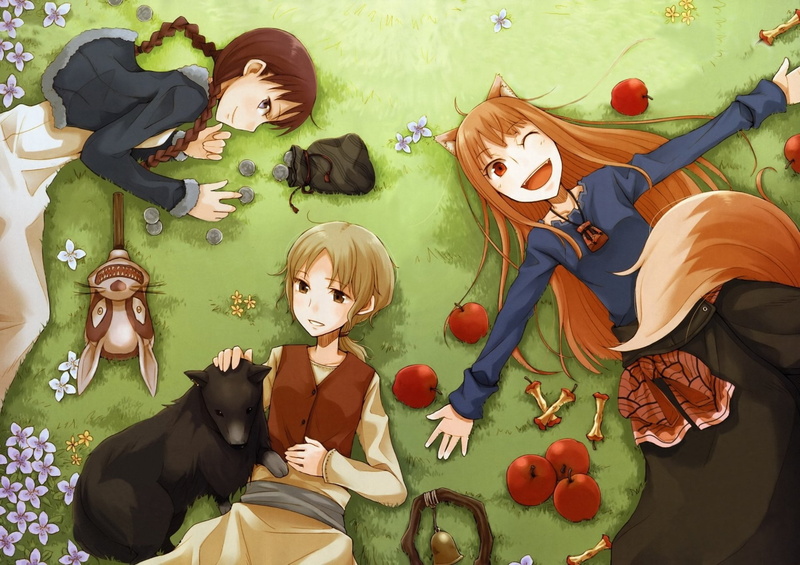 food, nature, child, male likeness, female likeness, Anime, men, high angle view, art and craft, lying, fruit, Chloe (Spice and Wolf), animal