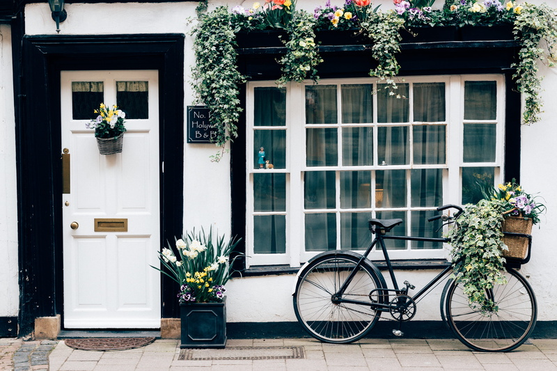 white door, day, white, old style, sweet, wooden, building, bandb, street view, vintage, window, nature, window box, bicycle, facade, land vehicle, near