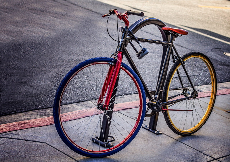 1080P, city, red, lock, transportation, stationary, parking, high angle view, fixie, street, road, side, outdoors, metal, bicycle, rack, no people, wheel