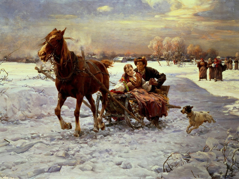 winter, domestic animals, animal themes, mammal, group of animals, Alfred Kowalski-Wierusz, animal, outdoors, livestock, Polish, pets, snow, nature, warm clothing
