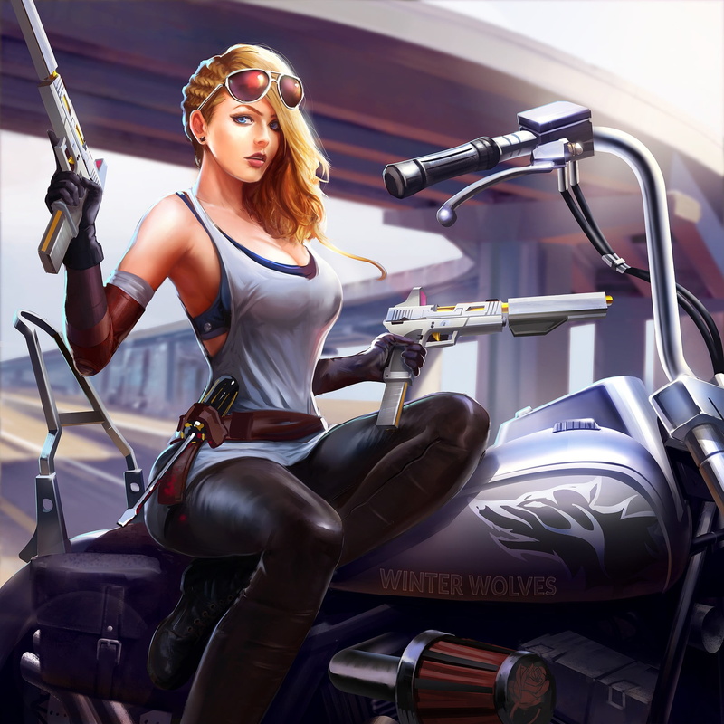 one person, women, beautiful woman, adult, sitting, beautiful people, females, girls with guns, gun, young women, leather, land vehicle, mode of transportation