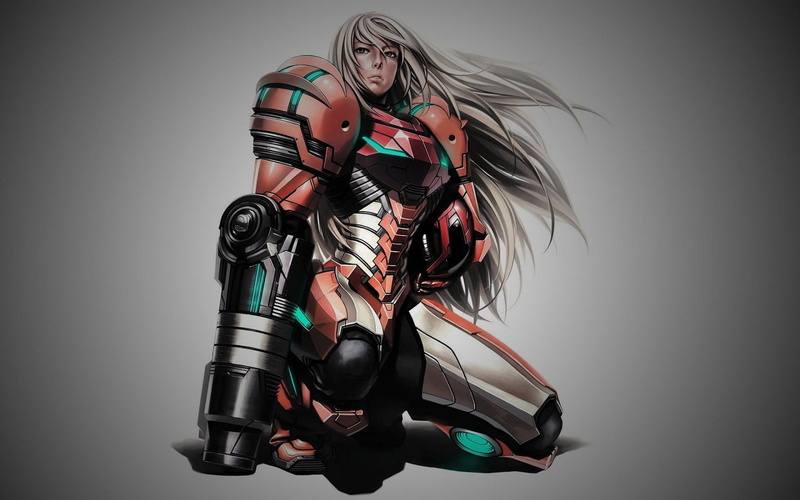 Samus Aran, people, front view, large group of objects, 720P, human representation, female, complexity, still life, Metroid, character, futuristic