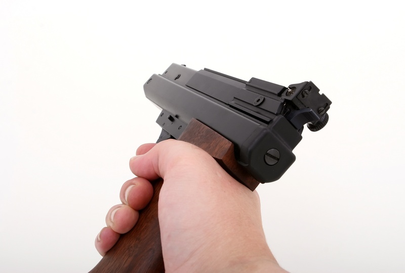 defence, violence, aggression, black, police, barrel, aim, 2K, hammer, loaded, pointed, white background, s, target, communication, studio shot, gun, war