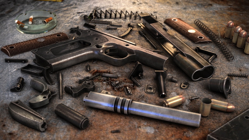 pistol, bullet, antique, no people, old, still life, ammunition, high angle view, firearm, close-up, large group of objects, metal, obsolete, handgun, metal industry