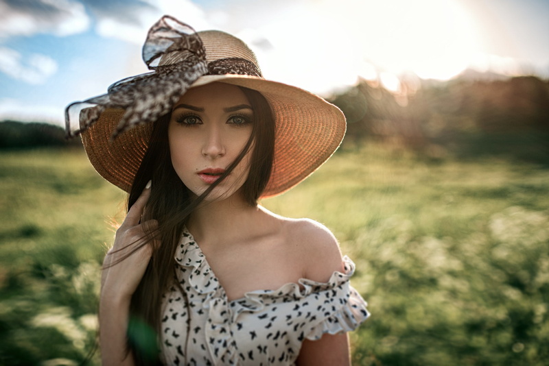 face, long, 1080P, women, bokeh, long hair, hats, hair, dress