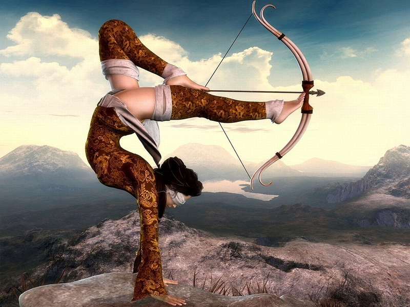 Fantasy, 720P, aiming, adult, rock - object, cloud - sky, sport, beauty in nature, outdoors, day, leisure activity, young adult, Archer, hairstyle, bow