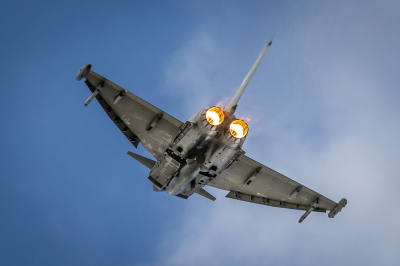 Eurofighter Typhoon, low angle view, flying, travel, aerospace industry, transportation, outdoors, blue, cloud - sky, mid-air, no people, Warplane, motion