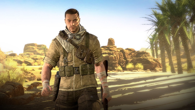 The sky, Charles Fairbairn, Military, 1080P, Africa, Look, Equipment, Shadow, Weapons, Palm trees, Sniper Elite 3, Elite Sniper, 505 Games, Form, Soldiers