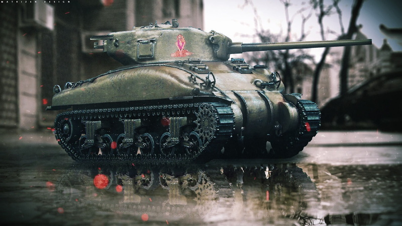 transportation, reflection, photo manipulation, city, 1080P, land vehicle, military, Photoshop, M4 Sherman, army, day, street, digital art, wet, black