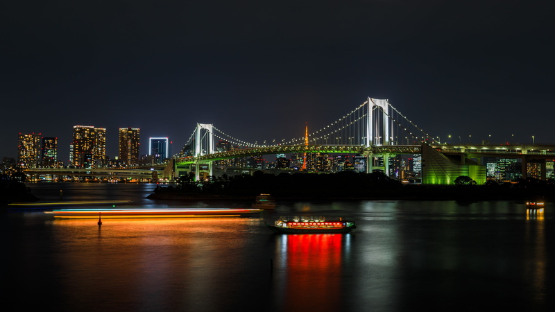 tokyo, illuminated, water, built structure, japan, tokyo bay, suspension bridge, light, sky, engineering, nightlife, cityscape, darkness, reflection, odaiba