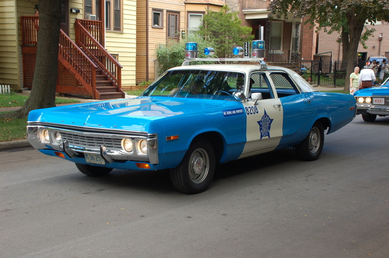blue, road, police Force, stationary, chicago, building exterior, architecture, 2K, day, vintage car, building, street, built structure, land Vehicle