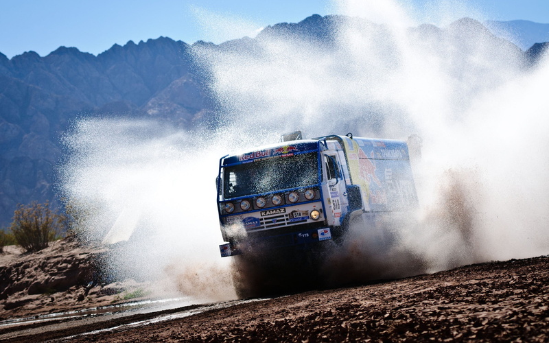 Rally Truck, splashing, motion, sky, dirt, transportation, day, land vehicle, no people, car, 2K, motor vehicle, Rallye, outdoors, road, spraying, smoke - physical structure