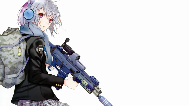 original characters, white background, weapon, military, backpacks, anime girls, headphones, white hair, Compensator, anime, jacket, 1080P, school uniform