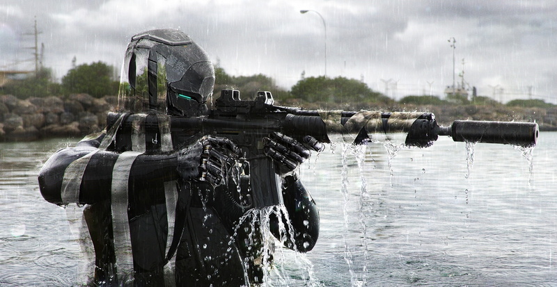 no people, futuristic, water, game, transportation, nature, holding, waterfront, rifle, infantry, military, AR-15, river, sky, soldier, suppressors, nautical vessel