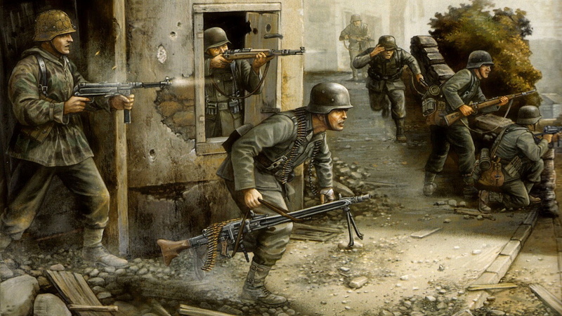 flames of war, illustration, architecture, gun, sniper, battle, built structure, real people, body Armor, army Soldier, teamwork, infantry, special, weapon