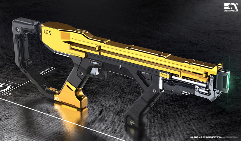 gold, futuristic, gun, 1080P, Alex Senechal, weapon, 3D, black background, SMG