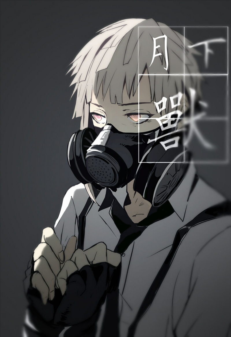 Nakajima Atsushi, one person, human body part, sadness, 720P, studio shot, gas masks, helmet, close-up, science, portrait, human hand, human representation