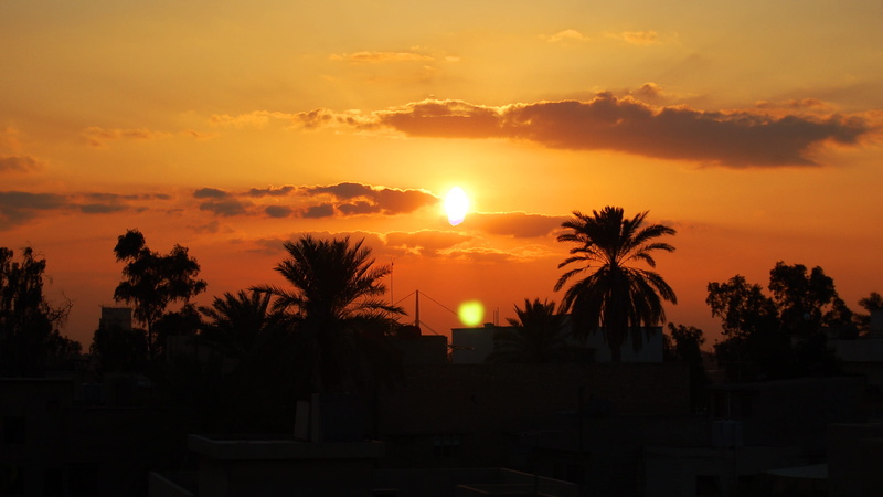 tropical climate, tranquility, tree, scenics - nature, building exterior, Iraq, Sunset, no people, beauty in nature, built structure, sun, 2K, orange color