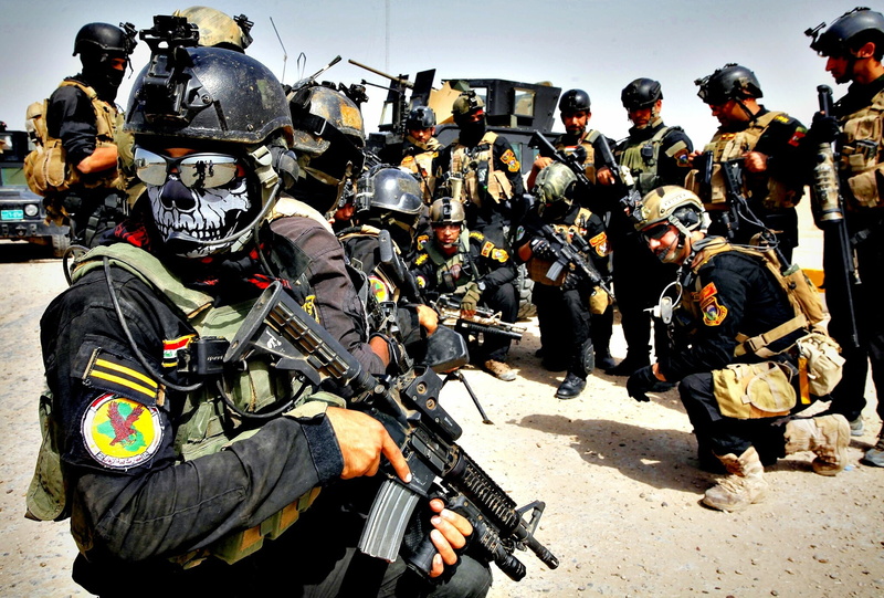 real people, gun, weapon, day, safety, Iraqi Special Operations Forces, clothing, street, weapons, men, black, headwear, East, speznaz, protection, helmet