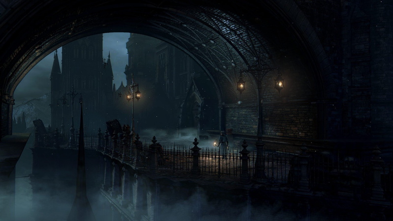artwork, Dark, games, men, house, digital, mist, art, light, building, 1080P, video, Old, Bloodborne, street, Arch, night, fantasy, architecture
